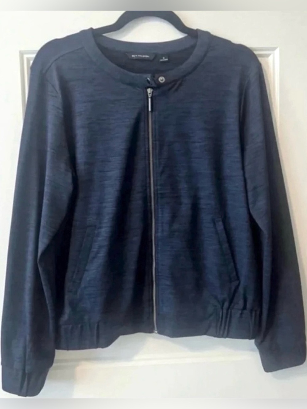 H by Halston Navy Zip Front Jacket Minimalist Athleisure Size 6 Quiet Luxury